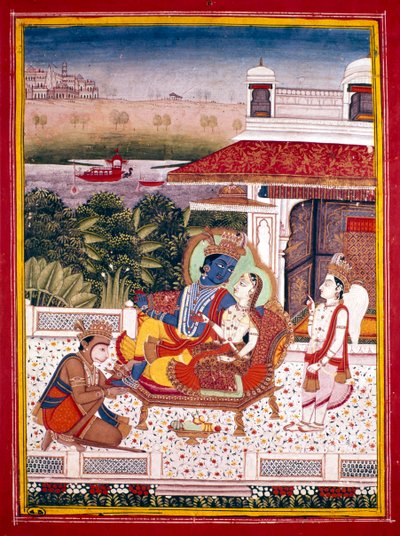 Miniatura india mostrando a Krishna y una princesa en un sofá, siglo XVIII de Unbekannt