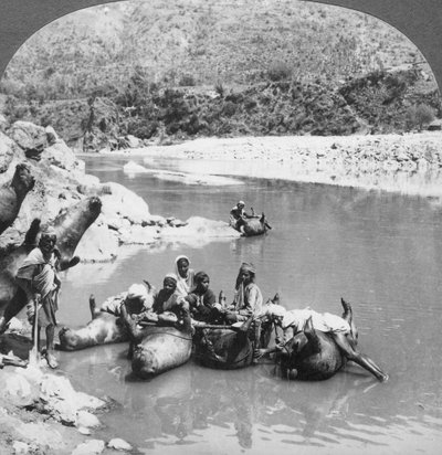 Pieles de buey infladas usadas como balsas en el río Sutlej, Punjab, India, c1900s de Unbekannt