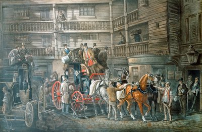 Patio de la posada con el coche de correos preparándose para salir, c1840 de Unbekannt