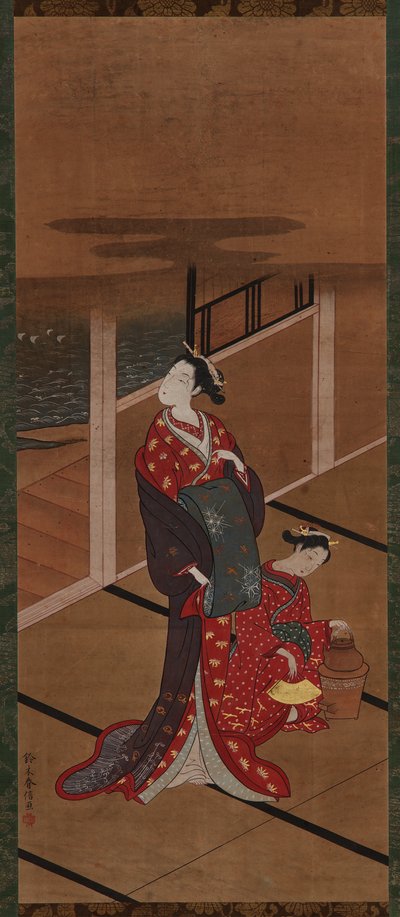 Interior: Una Yujo y un asistente calentando agua, período Edo, 1615-1868 de Unbekannt