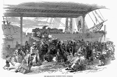 Emigrantes irlandeses embarcando hacia América en los muelles de Waterloo, Liverpool, 1850 de Unbekannt