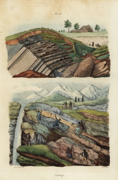 Minas de hierro en las montañas de Hartz cerca de Clausthal, Alemania, y excursionistas cruzando ríos, montañas y glaciares de Unbekannt