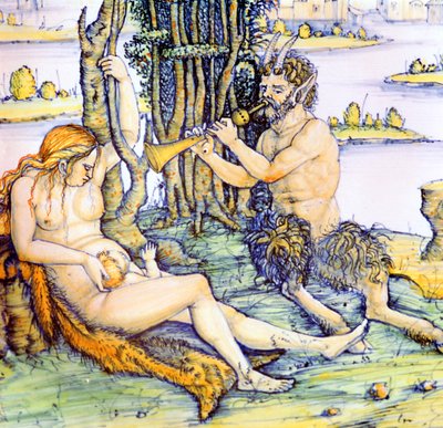 Plato de loza italiana mostrando la familia del sátiro después de Durero de Unbekannt