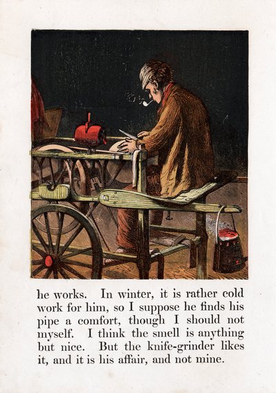Afilador itinerante afilando una hoja girando una rueda de afilar con un pedal, c1867 de Unbekannt