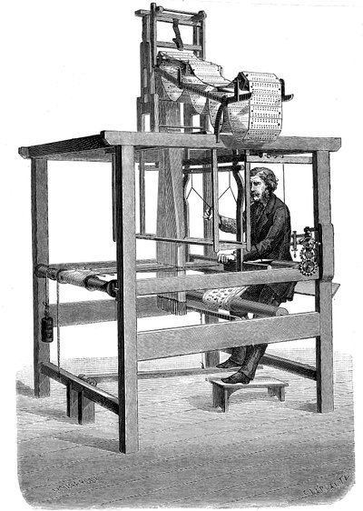 Telar Jacquard, con guirnaldas de tarjetas perforadas de las cuales se tejió el patrón, 1876 de Unbekannt