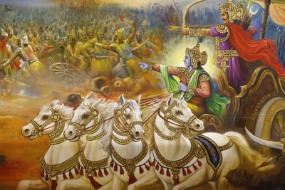 Templo hindú Jalaram Prathna, Leicester. Fresco. Krishna el auriga guiando a Arjuna en el campo de batalla de Kurukshetra. Reino Unido de Unbekannt