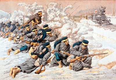Japoneses disparando al tren de la Cruz Roja Rusa, Guerra Ruso-Japonesa, 1904 de Unbekannt