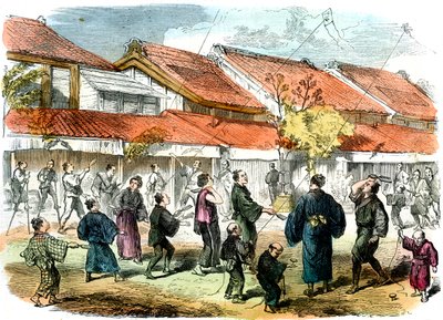 Juego japonés de battledore y volante en las calles de Yokohama, 1865 de Unbekannt