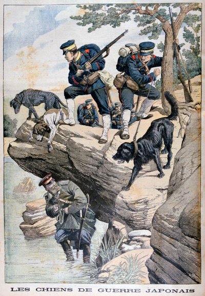 Soldados japoneses con perros localizan a un ruso escondido, Guerra Ruso-Japonesa, 1904 de Unbekannt