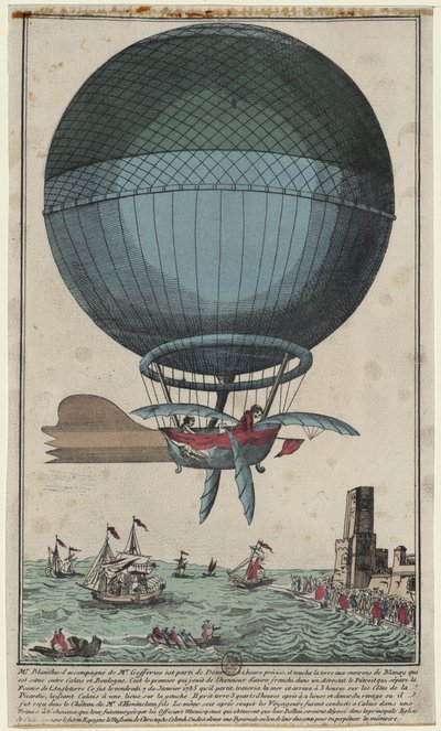 Jean Pierre Blanchard y John Jefferies llegando a Calais después de cruzar el Canal de la Mancha en un globo aerostático, 1785 de Unbekannt