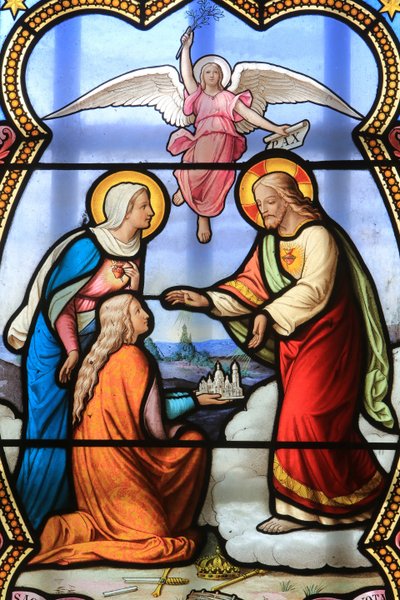 Jesucristo y la Virgen María. Vidriera. Santuario de Nuestra Señora de la Salette, La Salette-Fallavaux, Francia de Unbekannt
