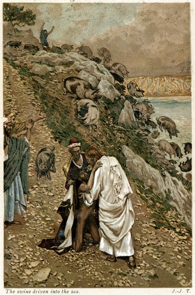 Jesús expulsando demonios de un hombre arrodillado, c. 1890 de Unbekannt