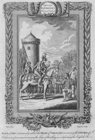 Juana de Arco comúnmente llamada la Doncella de Orleans recibiendo la espada de Santa Catalina, c1787 de Unbekannt