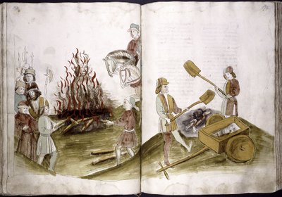 Juan Hus es quemado en la hoguera el 6 de julio de 1415 y sus cenizas son arrojadas al Rin de: Crónica del Concilio de Ulrich Richental, 1414-1418 de Unbekannt