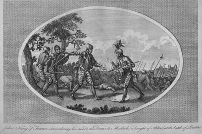 Juan II de Francia rindiendo su espada a Denis de Morbeck en la Batalla de Poitiers, 1356 de Unbekannt