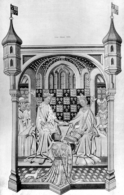 John Talbot, Conde de Shrewsbury, presentando un libro a Margarita de Anjou, c. 1445, 1910 de Unbekannt