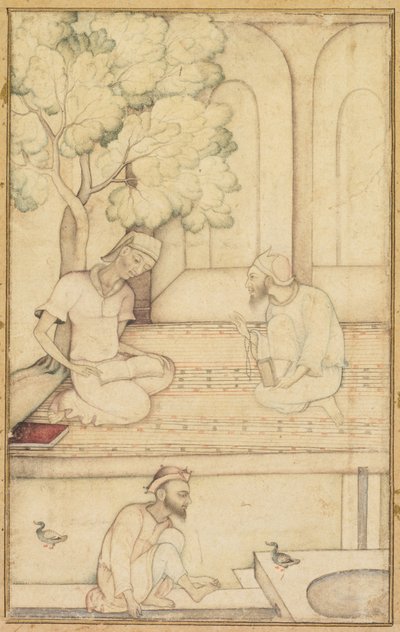 Kabir y dos seguidores en una terraza recto, caligrafía verso, c. 1610-1620 de Unbekannt