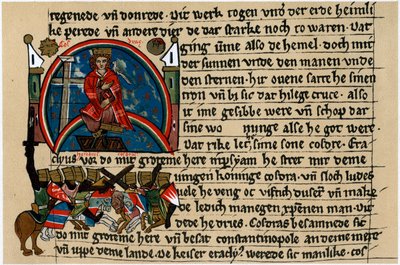 Khosrau II de Persia con cruz y paloma, en su trono mecánico de Unbekannt