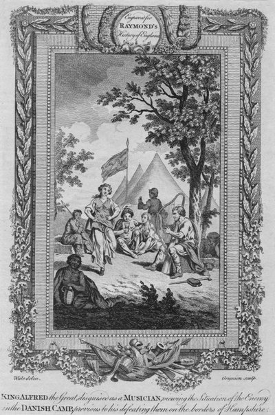 El rey Alfredo el Grande, disfrazado de músico, observando la situación del enemigo, c1787 de Unbekannt