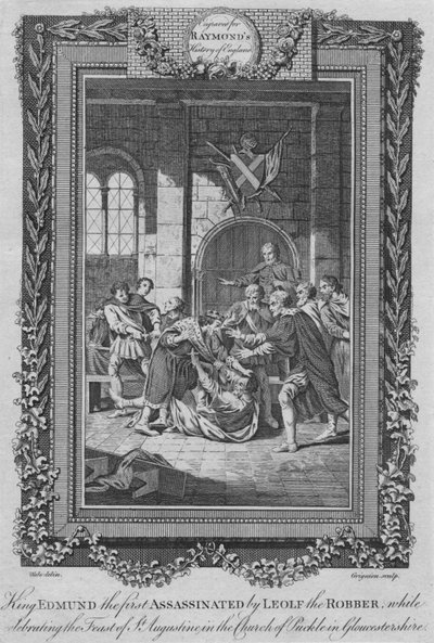 El rey Edmundo el primero asesinado por Leolf el Robbe, c1787 de Unbekannt