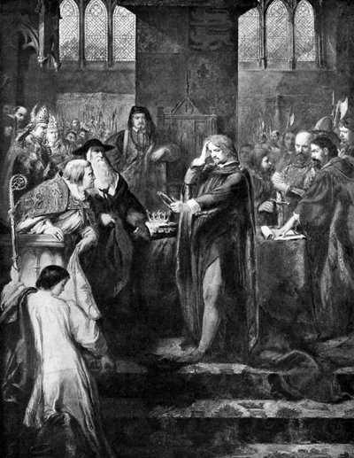 El rey Ricardo II renunciando a la corona a su primo Bolingbroke, 1399, c. 1920 de Unbekannt