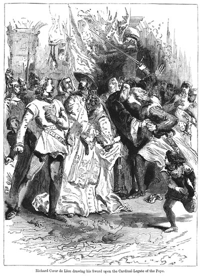 El rey Ricardo I 1157-1199 desenvainando su espada ante el legado cardenal del Papa de Unbekannt