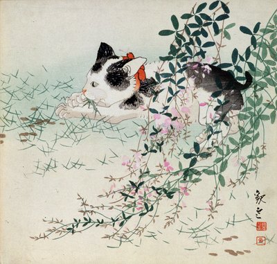 Gatito en hierba y flores de follaje - Impresión japonesa de Unbekannt