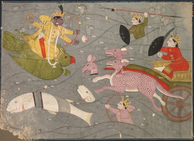 Krishna luchando contra los hijos de Vanasura: Escena de la sección Aniruddha Usha de Krishna Lila, c. 1840 de Unbekannt