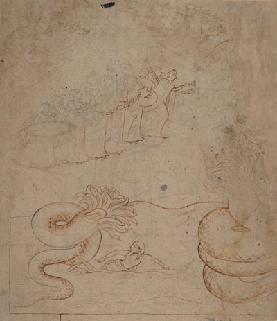 Krishna somete a la serpiente Kaliya en el río Yamuna..., ca. 1780 de Unbekannt