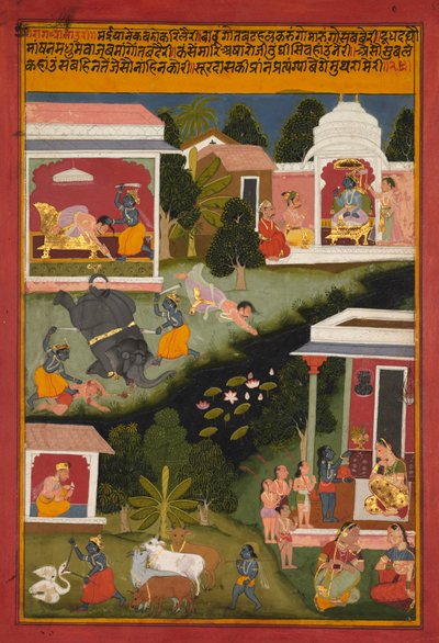 Krishna como el Destructor de Demonios, página de Surdass Sursagar, c. 1700 de Unbekannt