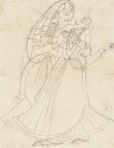 Krishna vestido de mujer abrazando a Radha, siglo XIX de Unbekannt