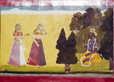Krishna con flauta, acercado por dos damas de Unbekannt