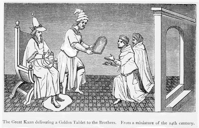 Kublai Khan entrega una tableta dorada asegurando el paso seguro a Niccolò y Maffeo Polo (grabado) de Unbekannt
