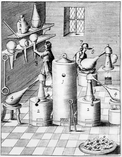 Laboratorio para refinar oro y plata, mostrando equipo de laboratorio típico, 1683 de Unbekannt