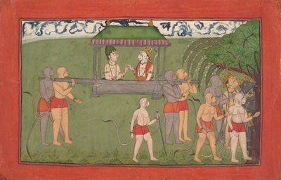 Lakshmana y Sugriva siendo llevados en palanquín para recibir las bendiciones de Rama..., ca. 1710-25 de Unbekannt