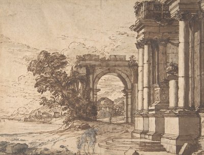 Paisaje con arquitectura clásica junto a un lago de Unbekannt