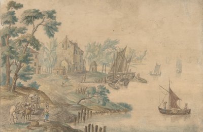 Paisaje con caballos y carros y un río a la derecha de Unbekannt