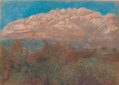 Paisaje con el monte Resegone rosa y púrpura detrás del follaje de los árboles bajo un cielo azul de Unbekannt