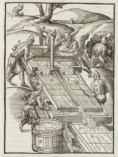 Lavado del mineral de oro en bandejas de madera llenas de agua - Grabado extraído de Descripción de los minerales y los principales métodos de explotación minera, de Lazarus Ecker de Unbekannt