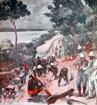 Tendido de vías férreas bajo el sol ecuatorial, Brazzaville, Congo, 1924 de Unbekannt