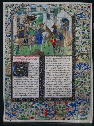 Hoja de la Crónica Universal de Jehan de Courcy: El rey Príamo se encuentra con Helena y Paris, c. 1470 de Unbekannt
