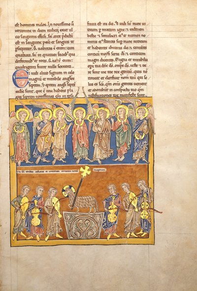Hoja de un Manuscrito Beatus: Siete Ángeles Sostienen las Copas de las Siete Últimas Plagas de Unbekannt