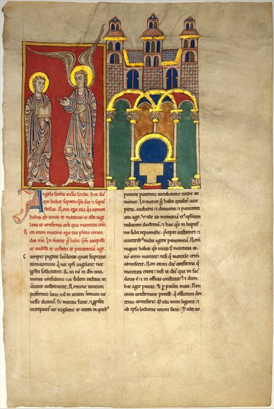 Hoja de un manuscrito Beato: el Ángel de la Iglesia de Sardis con San Juan, ca. 1180 de Unbekannt