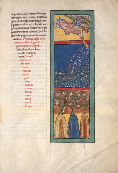 Hoja de un manuscrito Beatus: el primer ángel toca la trompeta..., ca. 1180 de Unbekannt