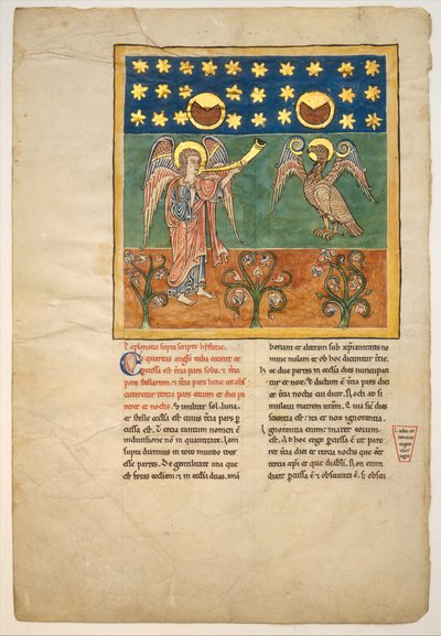 Hoja de un manuscrito Beatus: el cuarto ángel toca la trompeta y un águila..., ca. 1180 de Unbekannt