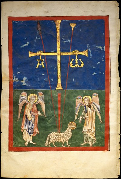Hoja de un manuscrito de Beato: el Cordero al pie de la Cruz, flanqueado por dos ángeles, c1180 de Unbekannt