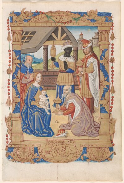 Hoja de un Libro de Horas: Adoración de los Magos recto y Texto con Borde Ilustrado verso de Unbekannt