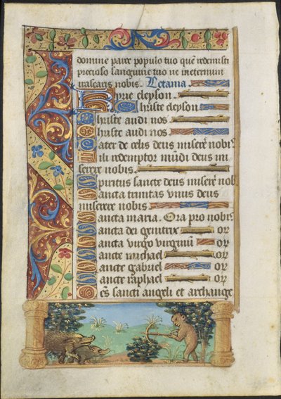 Hoja de un Libro de Horas: Caza de jabalíes por monos, c. 1500-1510 de Unbekannt