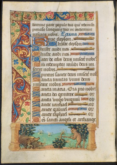 Hoja de un Libro de Horas: Mono cazando jabalíes (recto) y Mono pescando (verso), c. 1500-1510 de Unbekannt