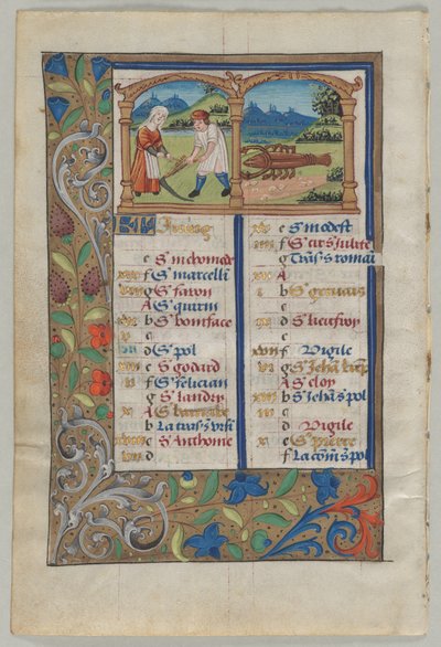 Hoja de un Libro de Horas: Página del Calendario para junio verso, c. 1510 de Unbekannt